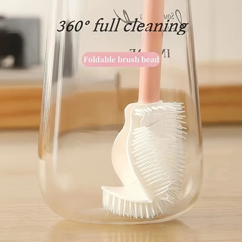 Foldable 360 degree comprehensive cleaning silicone brush with long handle design, reusable for bottles and cups