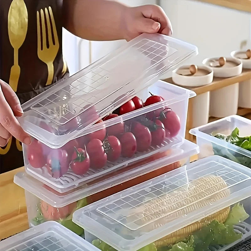 2pcs Airtight Stackable Food Storage Containers Set with Lids & Detachable Drain Tray - Reusable Refrigerator Organizer Boxes