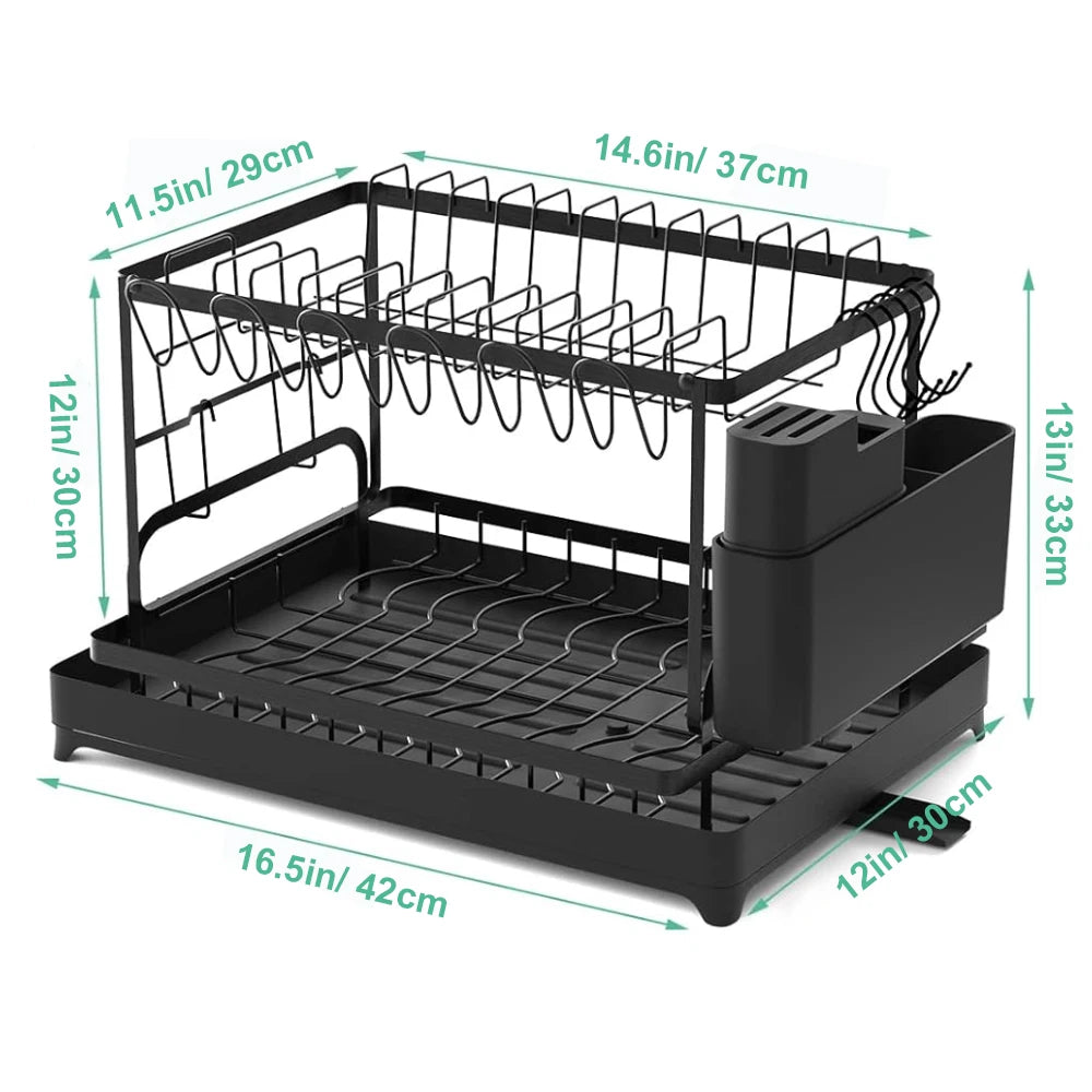 2 Tier- Dish Drying Rack, 360° Rotating Drainage Board, With Utensil Holder For Kitchen Countertop, No-drilling Install, Metal