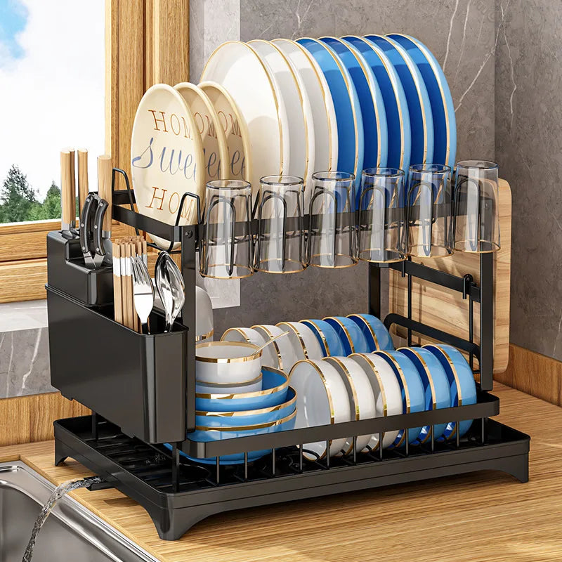 2 Tier- Dish Drying Rack, 360° Rotating Drainage Board, With Utensil Holder For Kitchen Countertop, No-drilling Install, Metal