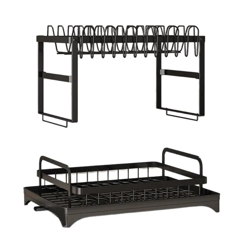 2 Tier- Dish Drying Rack, 360° Rotating Drainage Board, With Utensil Holder For Kitchen Countertop, No-drilling Install, Metal