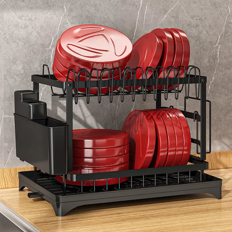 2 Tier- Dish Drying Rack, 360° Rotating Drainage Board, With Utensil Holder For Kitchen Countertop, No-drilling Install, Metal