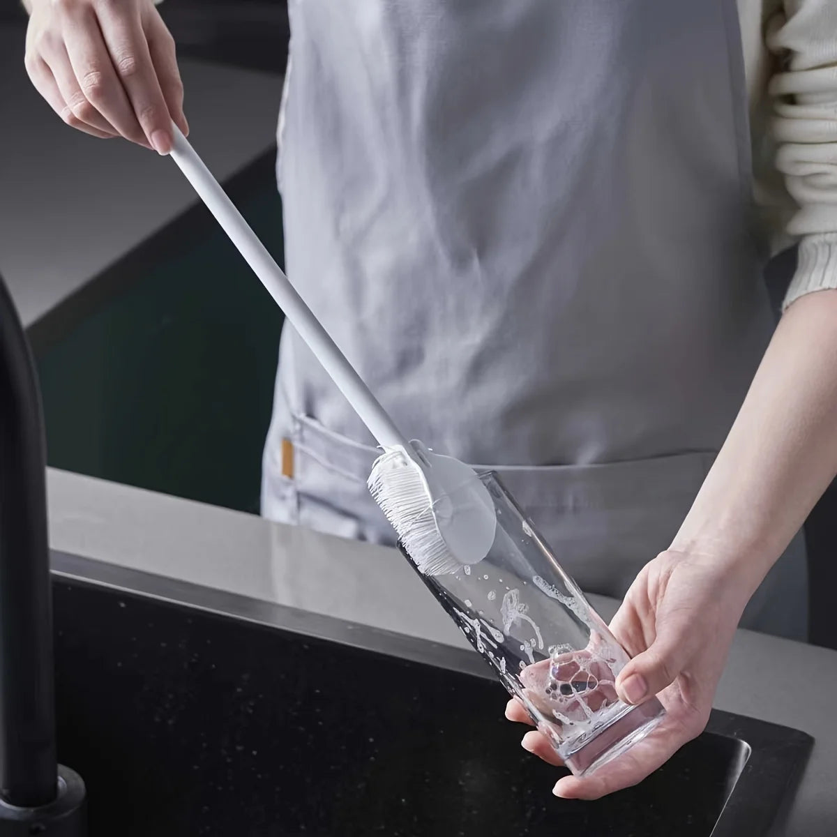 Foldable 360 degree comprehensive cleaning silicone brush with long handle design, reusable for bottles and cups