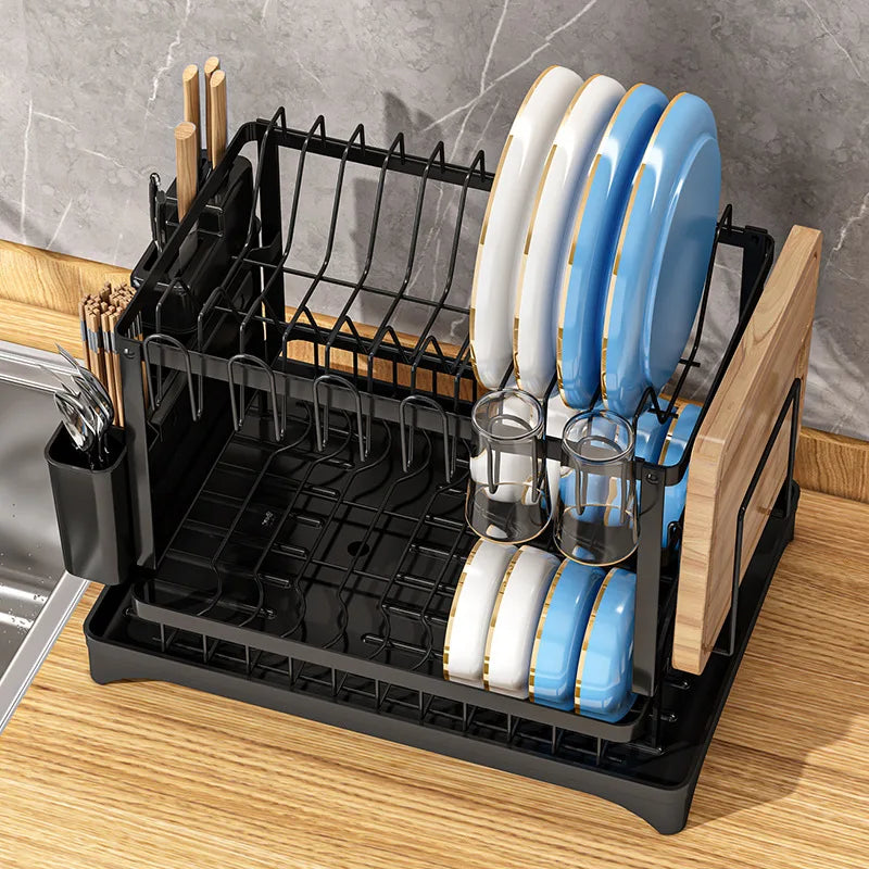 2 Tier- Dish Drying Rack, 360° Rotating Drainage Board, With Utensil Holder For Kitchen Countertop, No-drilling Install, Metal