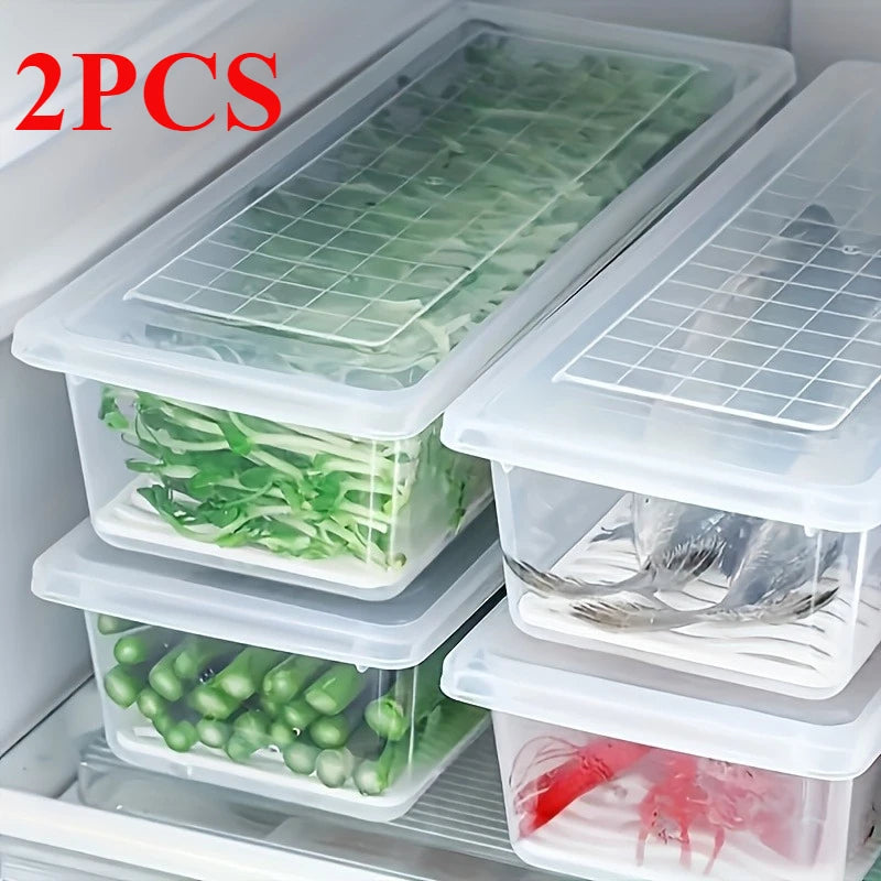 2pcs Airtight Stackable Food Storage Containers Set with Lids & Detachable Drain Tray - Reusable Refrigerator Organizer Boxes